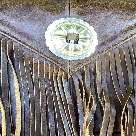 Western Boho Leather Fringe Silver Concho Clutch Handbag - Picture 10 of 10